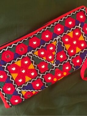 Embroidered Red Floral Clutch Bag